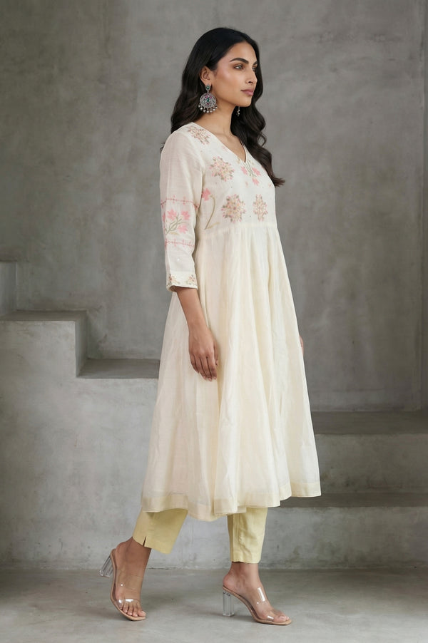 Off White Thread Embroidered Cotton Silk Anarkali Kurta with Pants and Dupatta Set