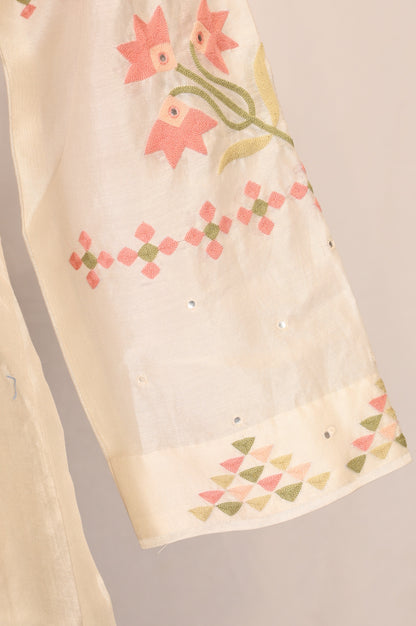 Off White Thread Embroidered Cotton Silk Anarkali Kurta with Pants and Dupatta Set