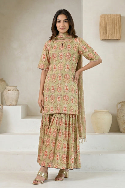 Green Floral Printed Pure Cotton A-line Kurta with Sharara and Dupatta Set