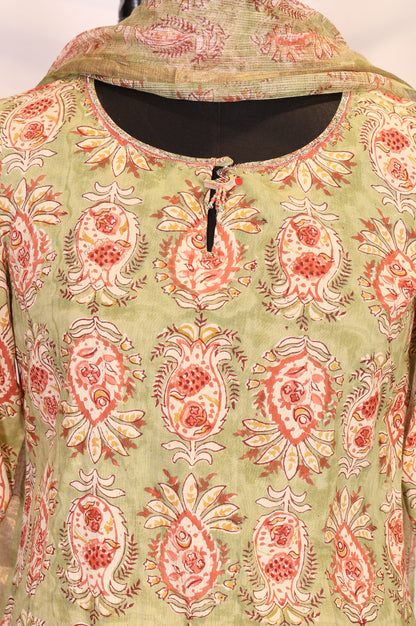 Green Floral Printed Pure Cotton A-line Kurta with Sharara and Dupatta Set
