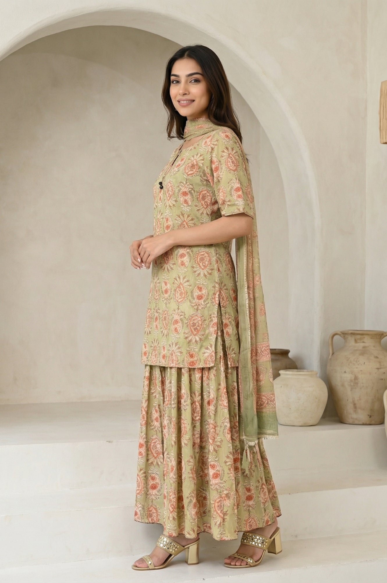 Green Floral Printed Pure Cotton A-line Kurta sharara set for women