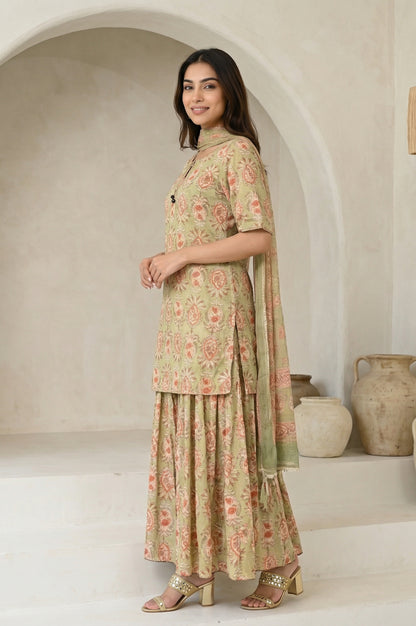Green Floral Printed Pure Cotton A-line Kurta with Sharara and Dupatta Set