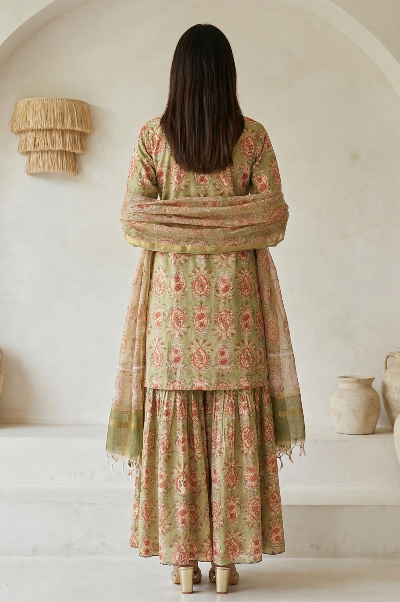Green Floral Printed Pure Cotton A-line Kurta with Sharara and Dupatta Set