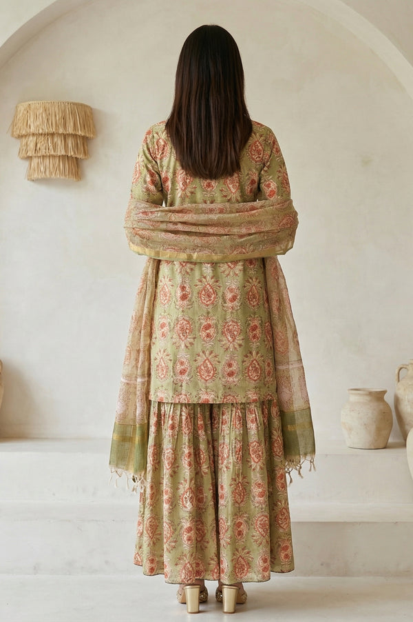 Green Floral Printed Pure Cotton A-line Kurta sharara set for women
