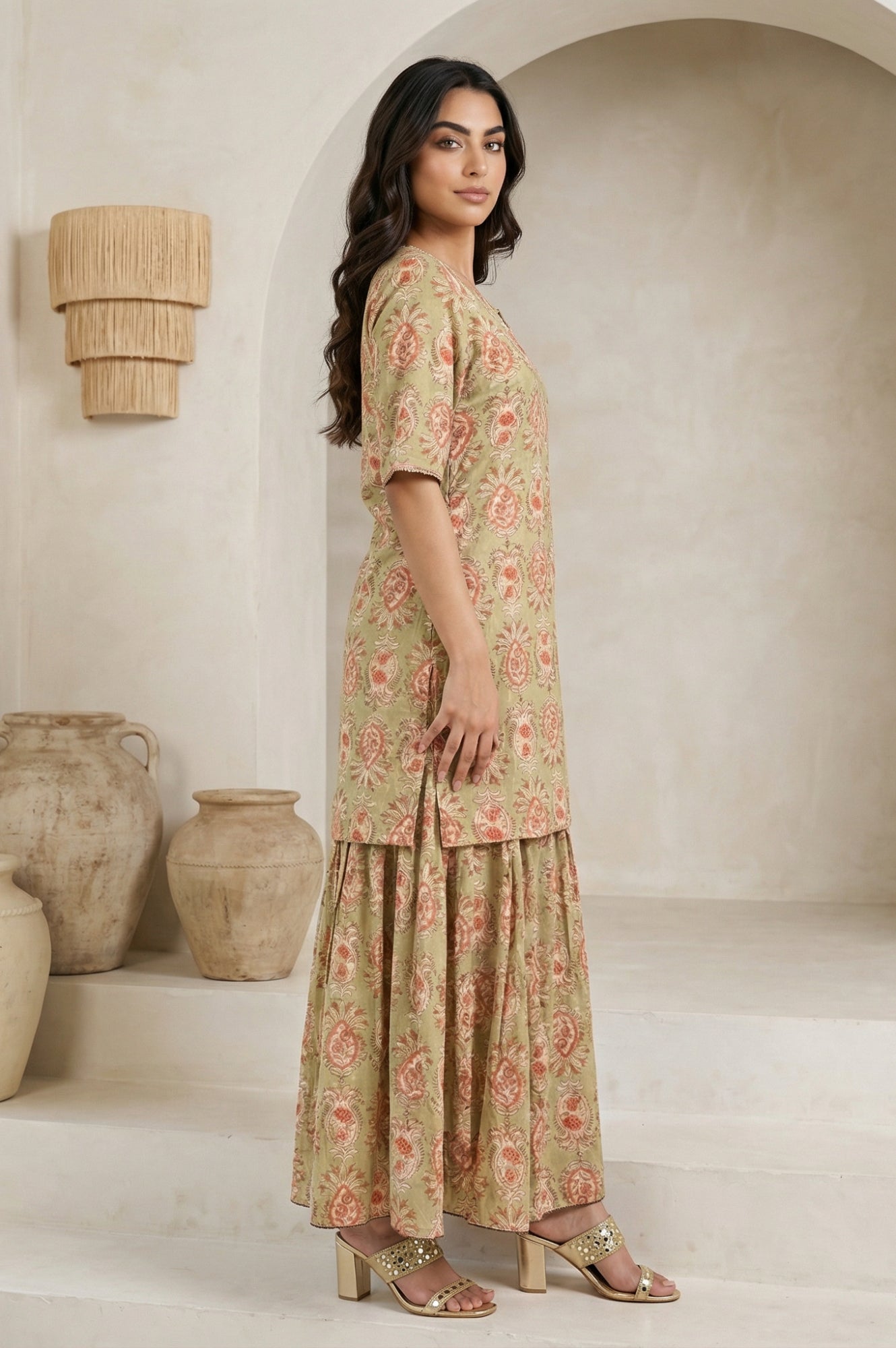 Green Floral Printed Pure Cotton A-line Kurta with Sharara and Dupatta Set