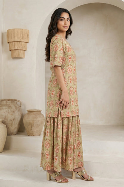 Green Floral Printed Pure Cotton A-line Kurta with Sharara and Dupatta Set