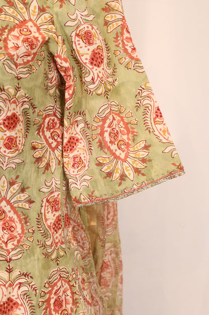 Green Floral Printed Pure Cotton A-line Kurta with Sharara and Dupatta Set