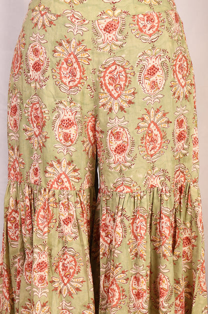 Green Floral Printed Pure Cotton A-line Kurta with Sharara and Dupatta Set