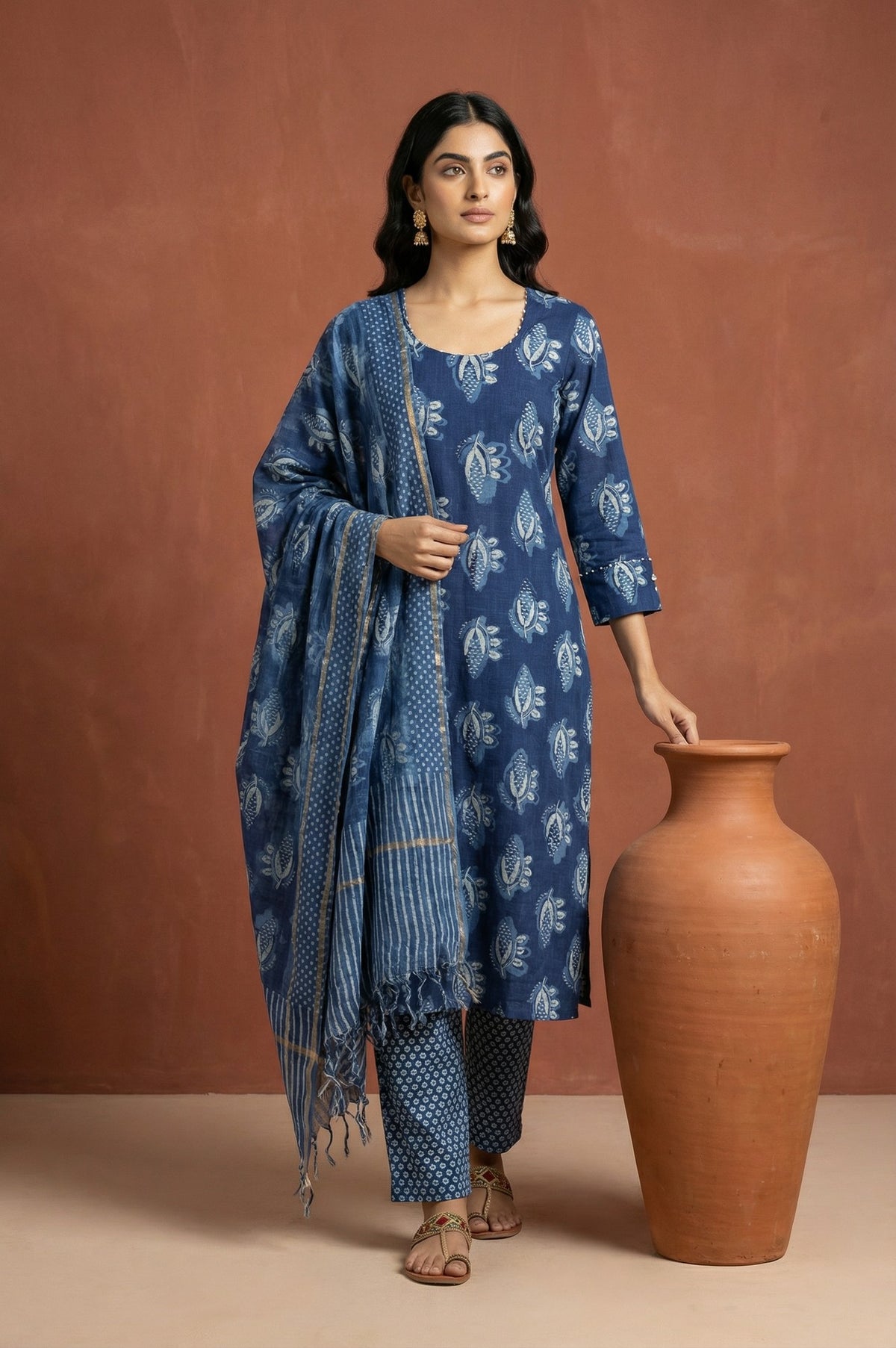 Blue Block Printed Floral Pure Cotton Straight Kurta with Pants and Dupatta Set - S