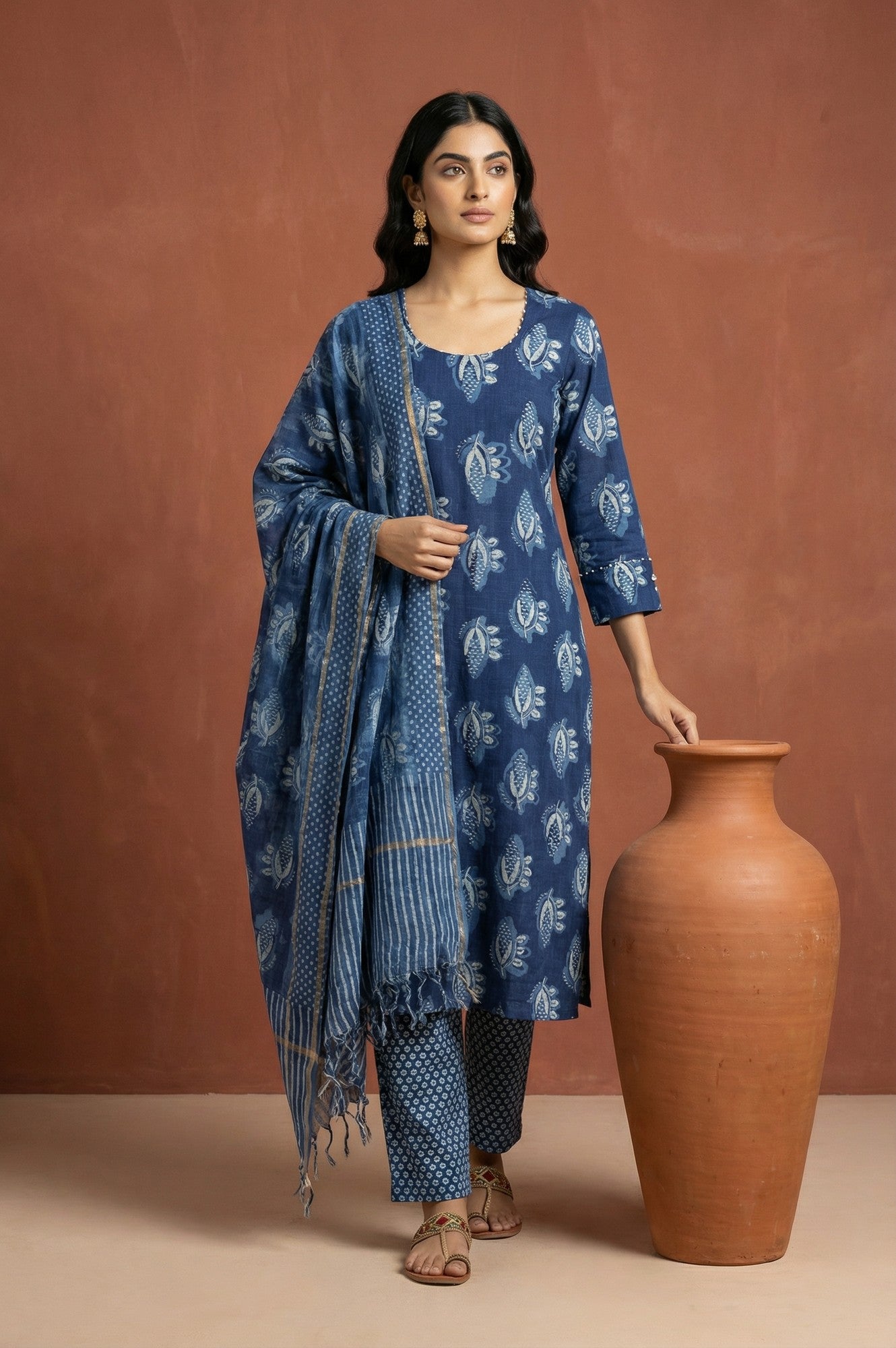 Blue Block Printed Floral Pure Cotton Straight Kurta with Pants and Dupatta Set