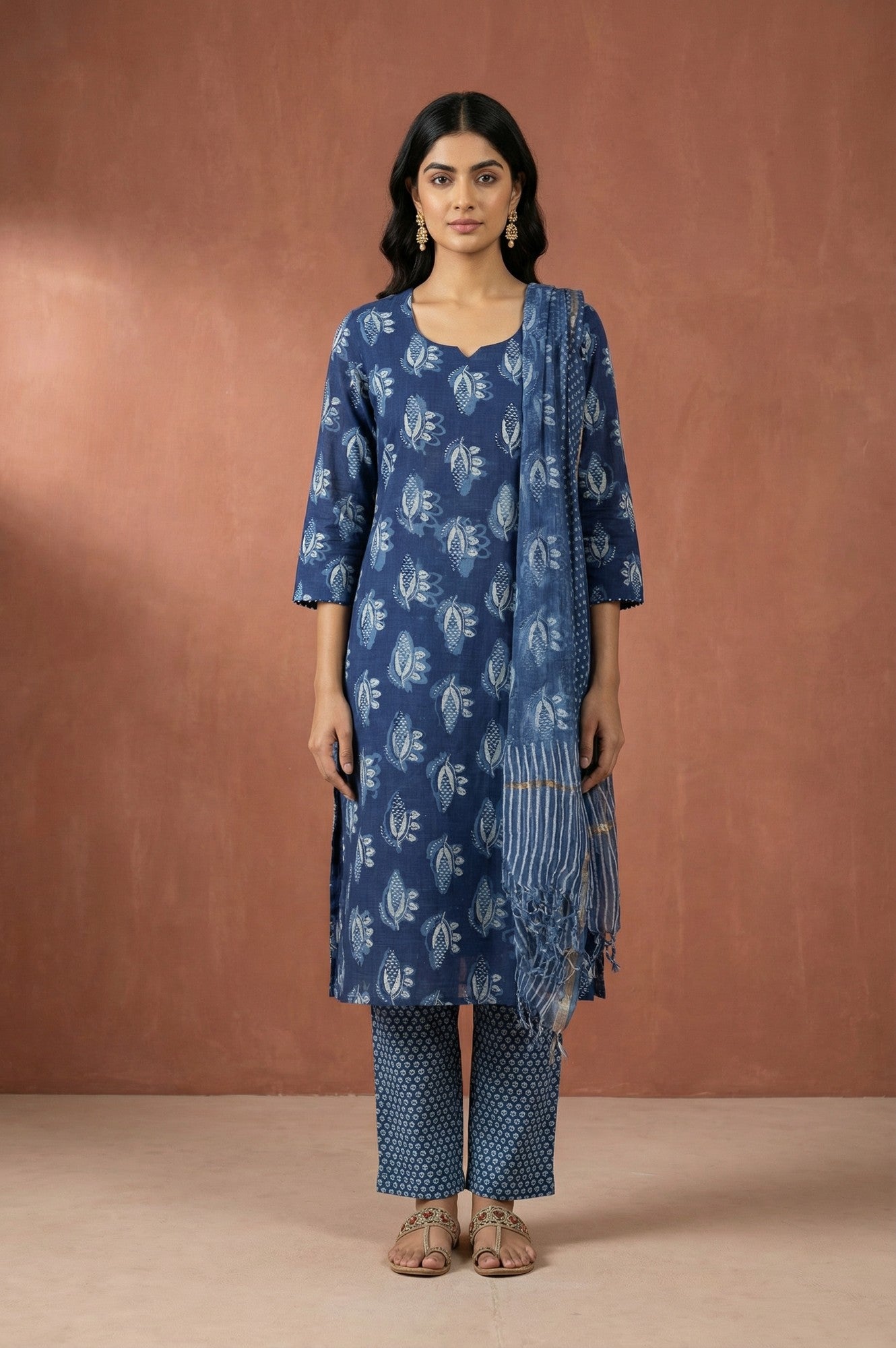 Blue Block Printed Floral Pure Cotton Straight Kurta with Pants and Dupatta Set