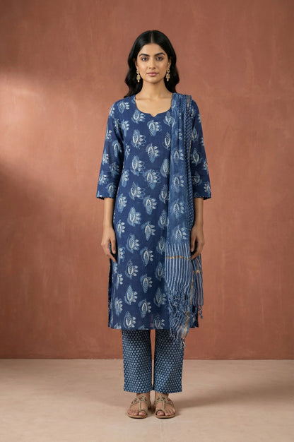 Blue Block Printed Floral Pure Cotton Straight Kurta with Pants and Dupatta Set