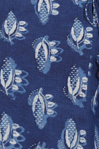 Blue Block Printed Floral Pure Cotton Straight Kurta with Pants and Dupatta Set
