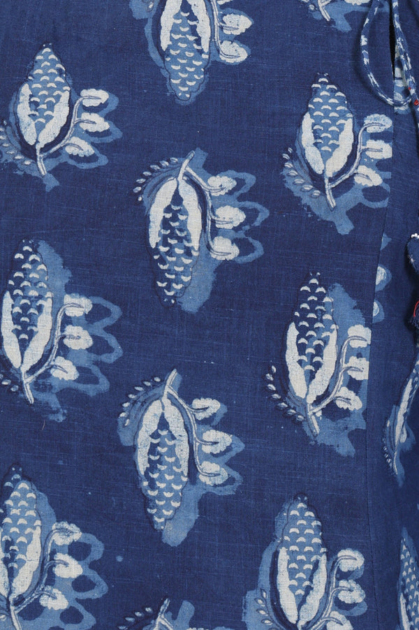 Blue Block Printed Floral Pure Cotton Straight Kurta with Pants and Dupatta Set