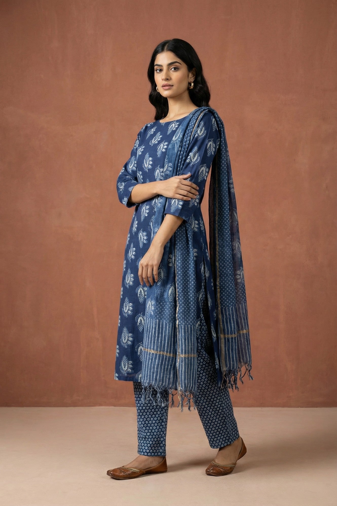 Blue Block Printed Floral Pure Cotton Straight Kurta with Pants and Dupatta Set