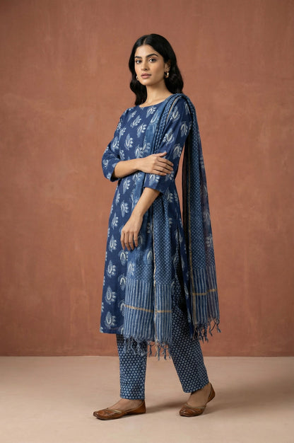 Blue Block Printed Floral Pure Cotton Straight Kurta with Pants and Dupatta Set