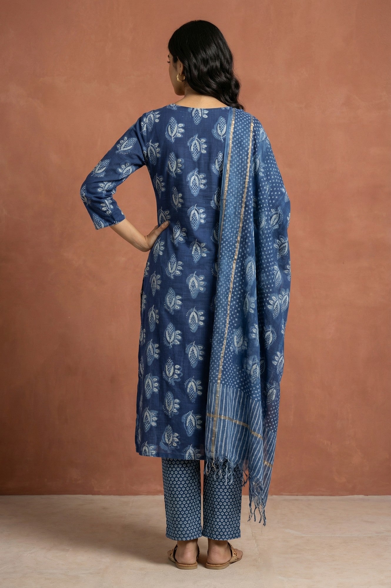 Blue Block Printed Floral Pure Cotton Straight Kurta with Pants and Dupatta Set
