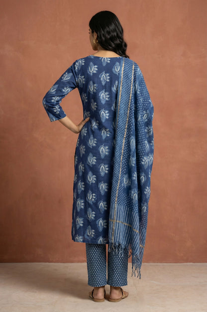 Blue Block Printed Floral Pure Cotton Straight Kurta with Pants and Dupatta Set