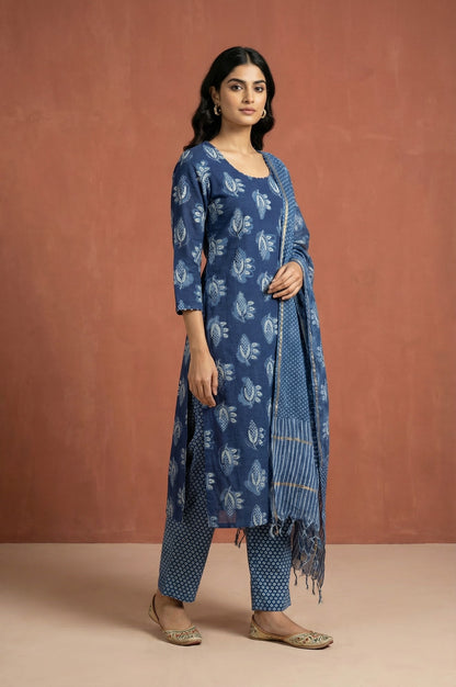 Blue Block Printed Floral Pure Cotton Straight Kurta with Pants and Dupatta Set