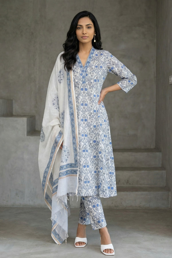 White Block Printed Pure Cotton Straight Kurta with Pants and Dupatta Set