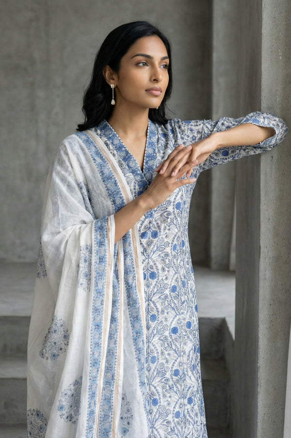 White Block Printed Pure Cotton Straight Kurta with Pants and Dupatta Set
