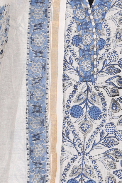 White Block Printed Pure Cotton Straight Kurta with Pants and Dupatta Set