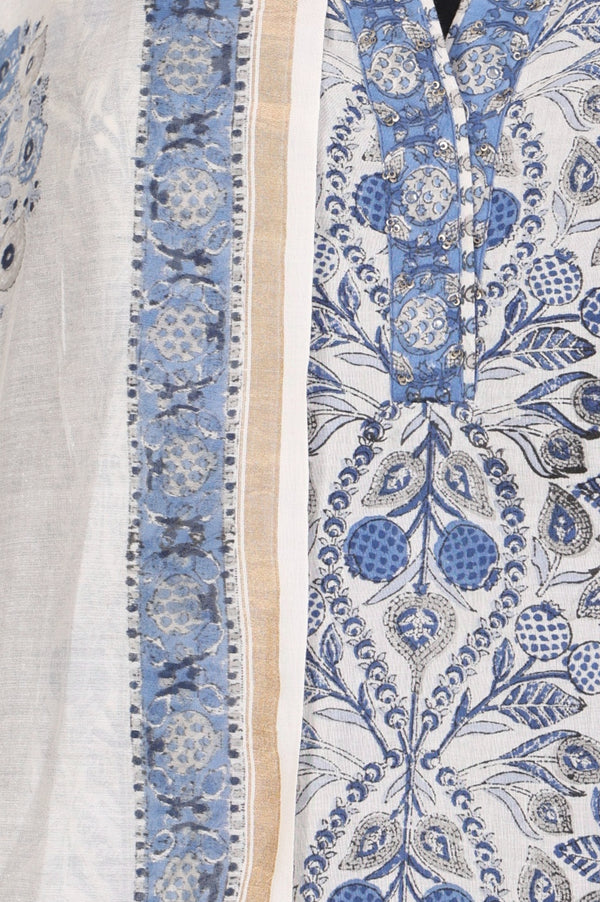 White Block Printed Pure Cotton Straight Kurta with Pants and Dupatta Set