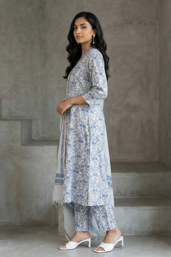 White Block Printed Pure Cotton Straight Kurta with Pants and Dupatta Set