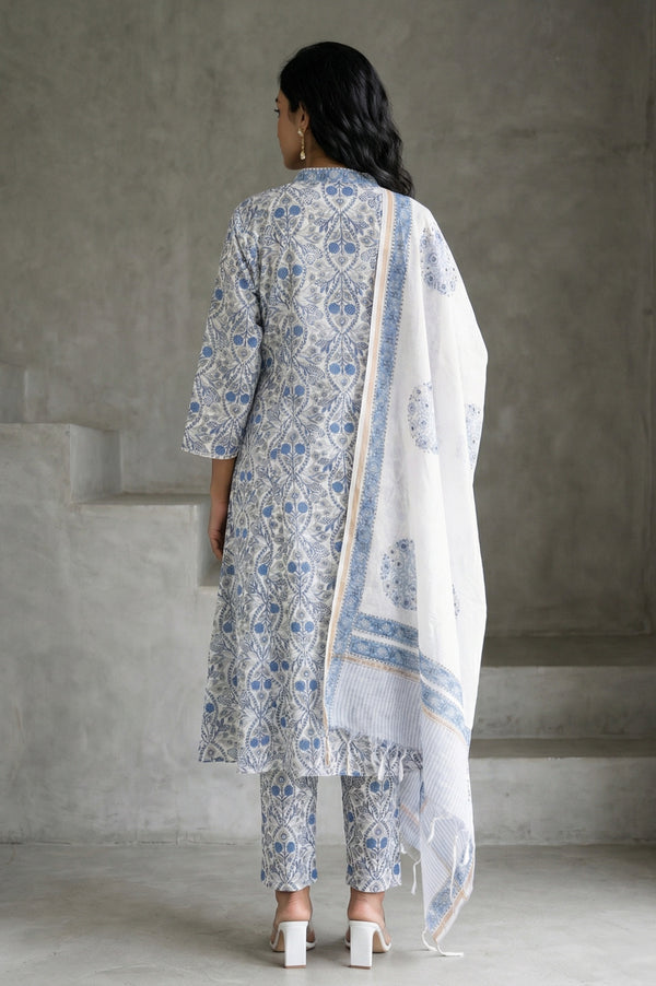 White Block Printed Pure Cotton Straight Kurta with Pants and Dupatta Set