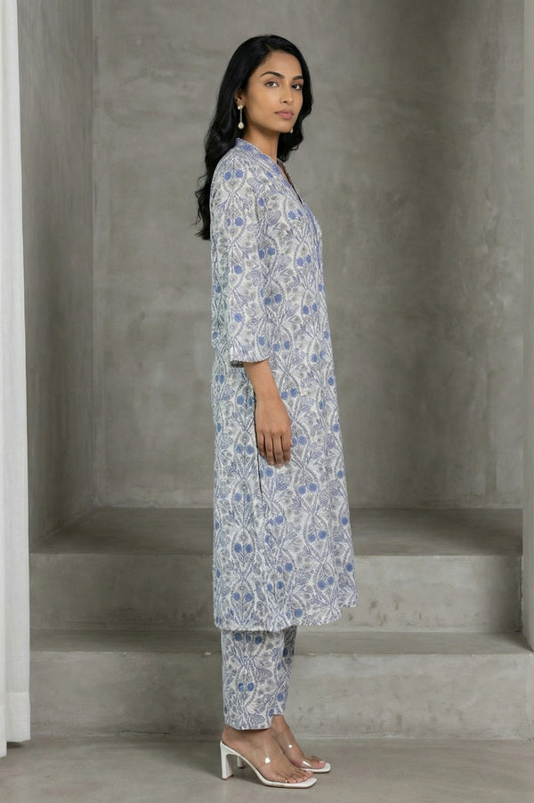 White Block Printed Pure Cotton Straight Kurta with Pants and Dupatta Set