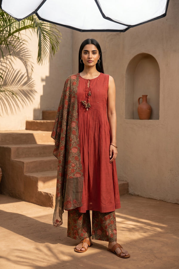 Rust Sequined Pure Cotton Sleeveless A-line Kurta with Parallel Pants and Dupatta Set