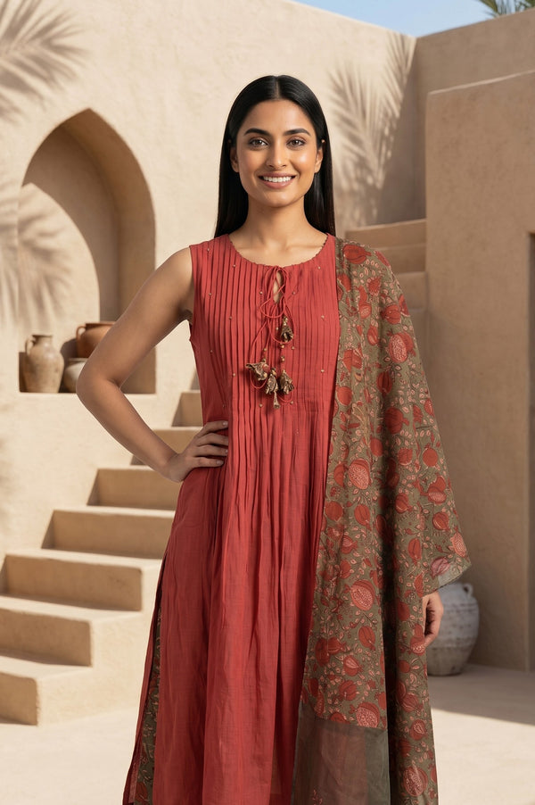 Rust Sequined Pure Cotton Sleeveless A-line Kurta with Parallel Pants and Dupatta Set
