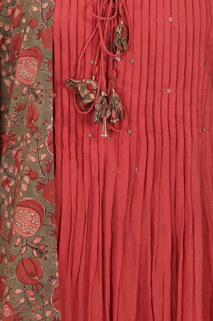 Rust Sequined Pure Cotton Sleeveless A-line Kurta with Parallel Pants and Dupatta Set