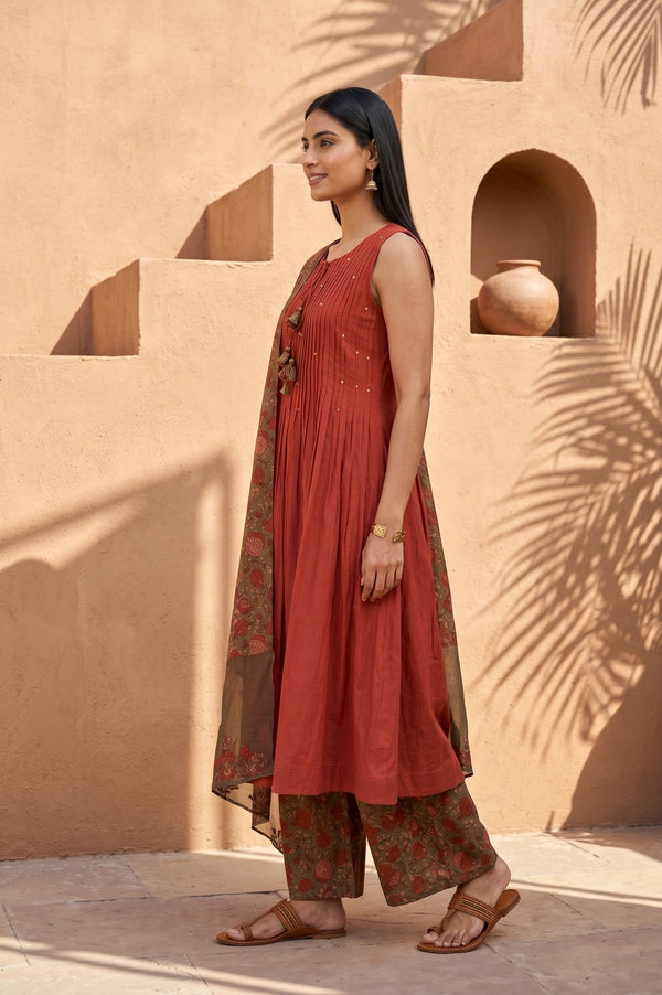 Rust Sequined Pure Cotton Sleeveless A-line Kurta with Parallel Pants and Dupatta Set