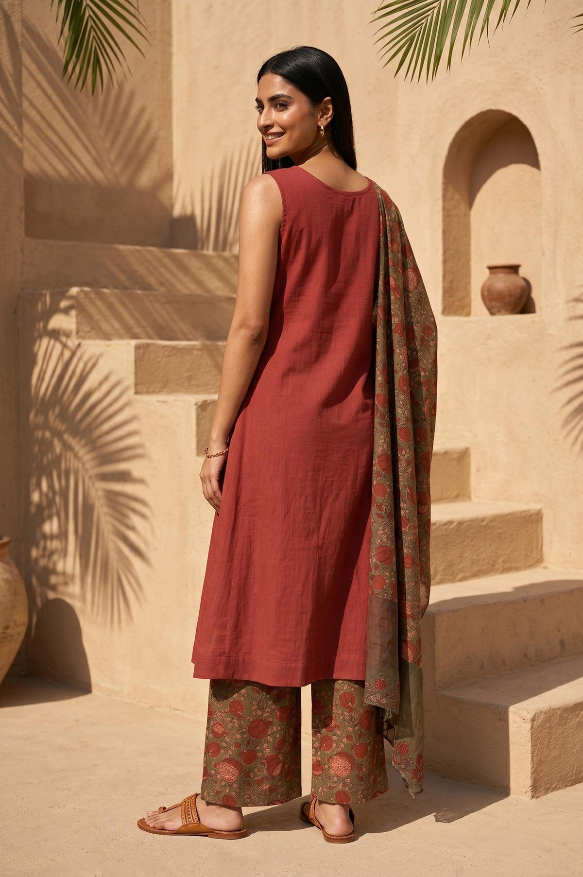 Rust Sequined Pure Cotton Sleeveless A-line Kurta with Parallel Pants and Dupatta Set