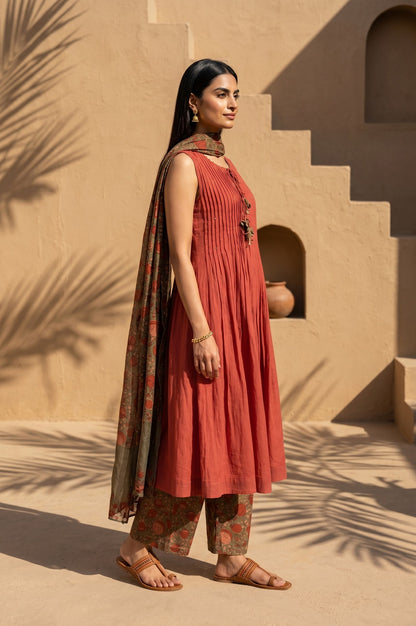 Rust Sequined Pure Cotton Sleeveless A-line Kurta with Parallel Pants and Dupatta Set