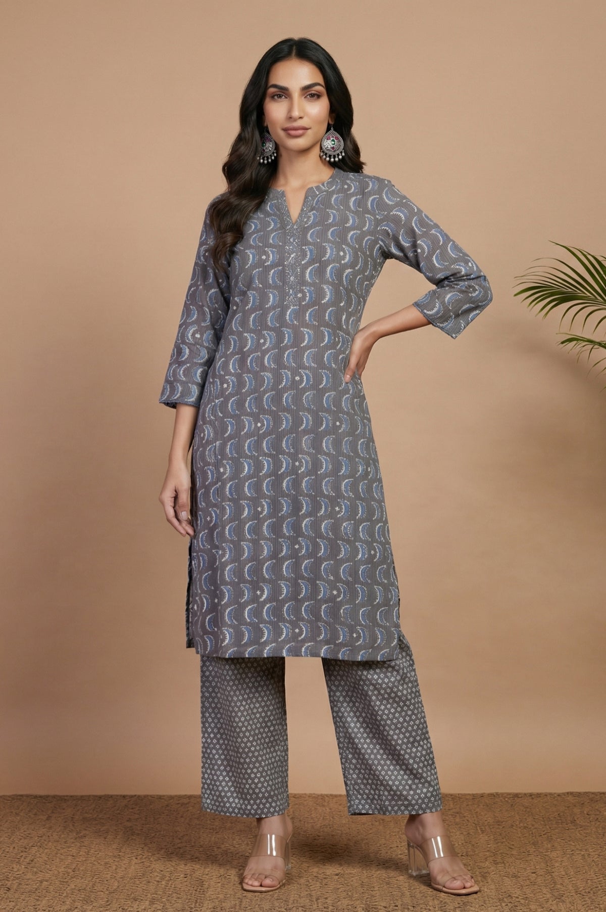 Grey Block Printed Mirror Work Pure Cotton Straight Kurta with Parallel Pants Set - S