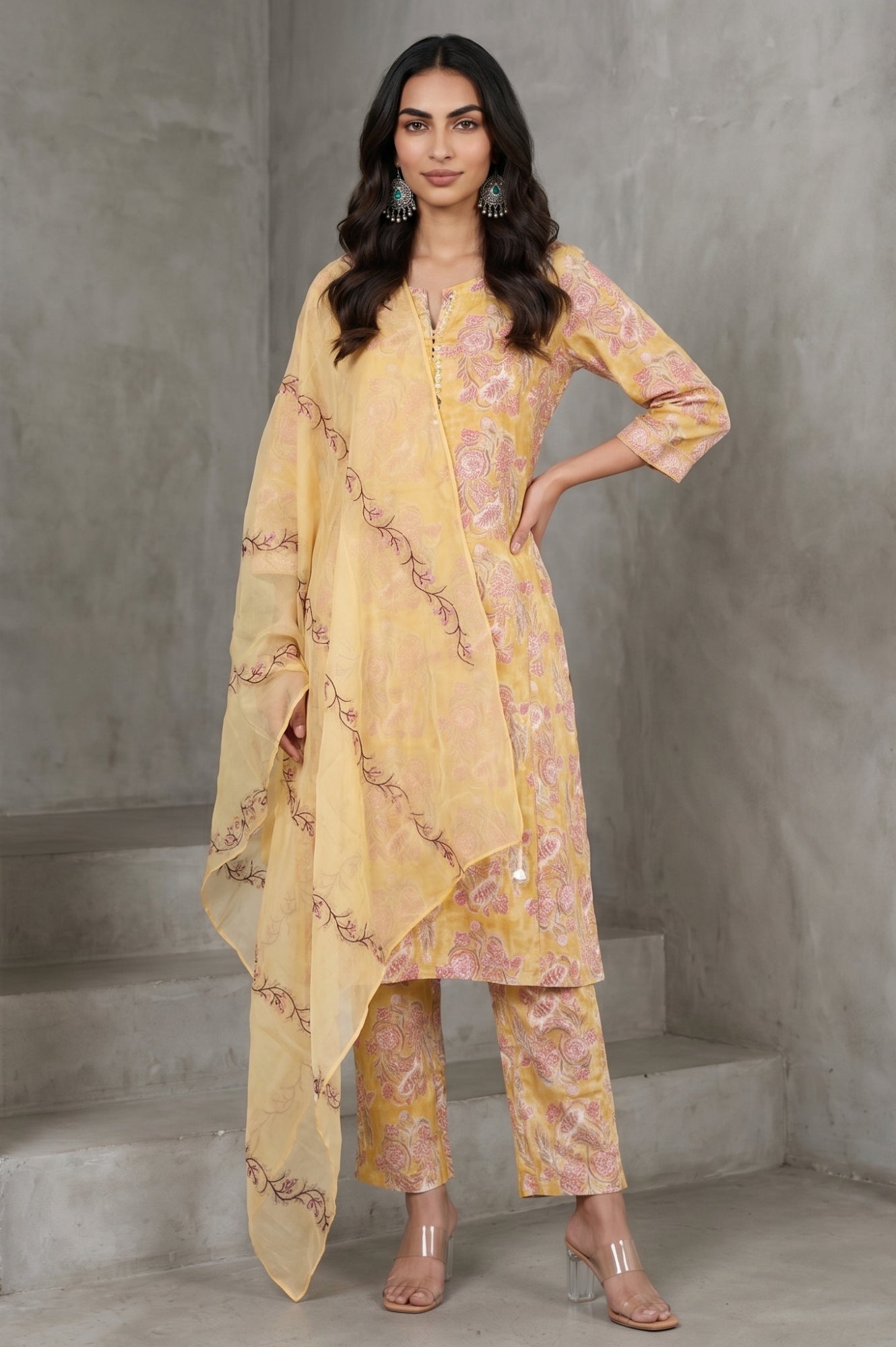 Mustard Block Printed Thread Embroidered Cotton Silk Straight Kurta with Pants and Dupatta Set