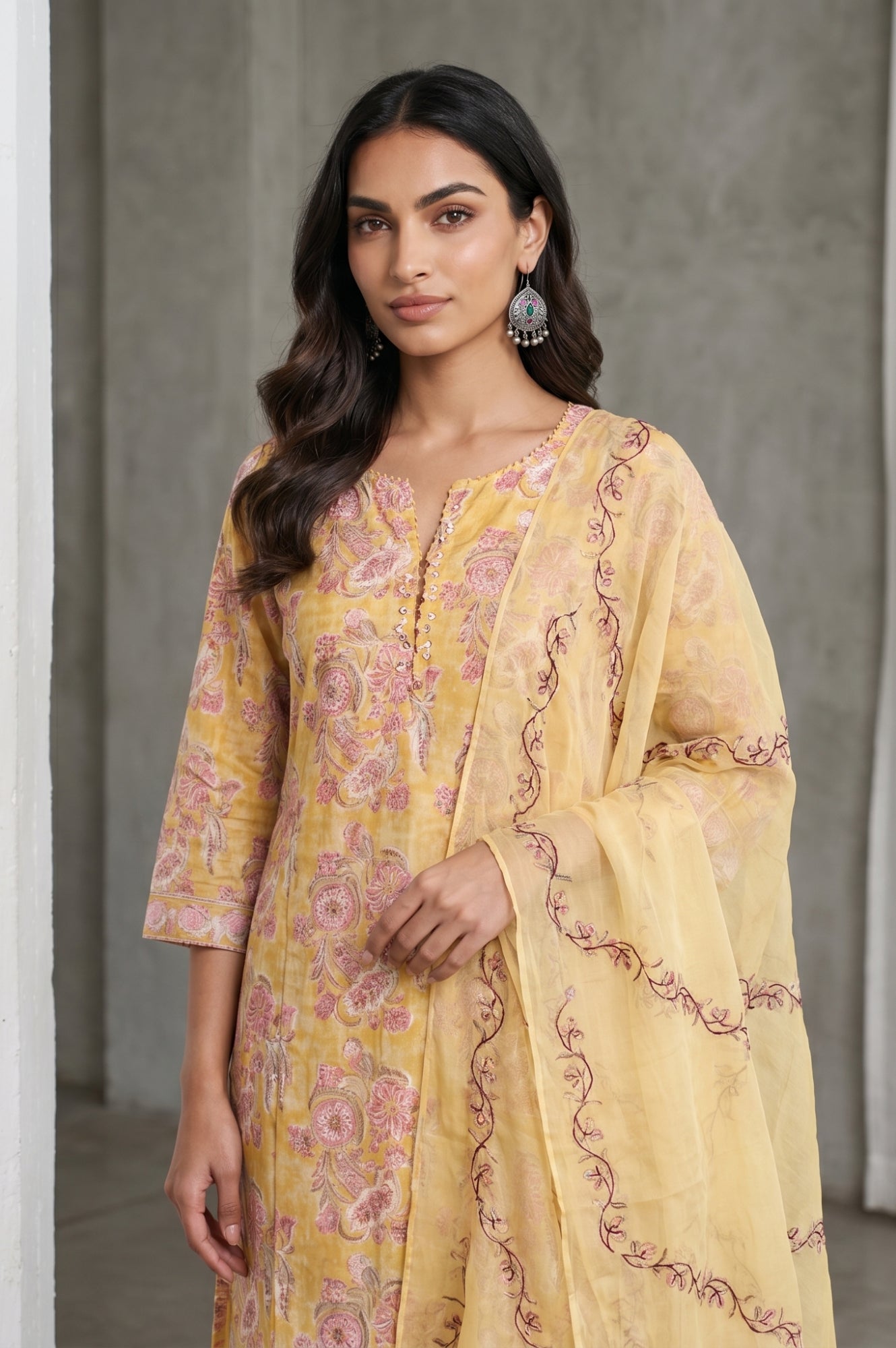 Mustard Block Printed Thread Embroidered Cotton Silk Straight Kurta with Pants and Dupatta Set