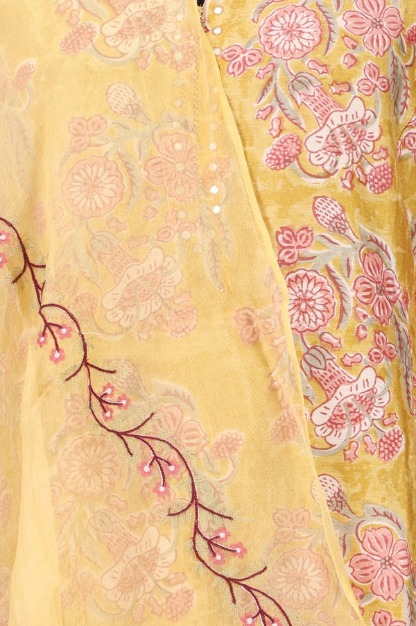 Mustard Block Printed Thread Embroidered Cotton Silk Straight Kurta with Pants and Dupatta Set
