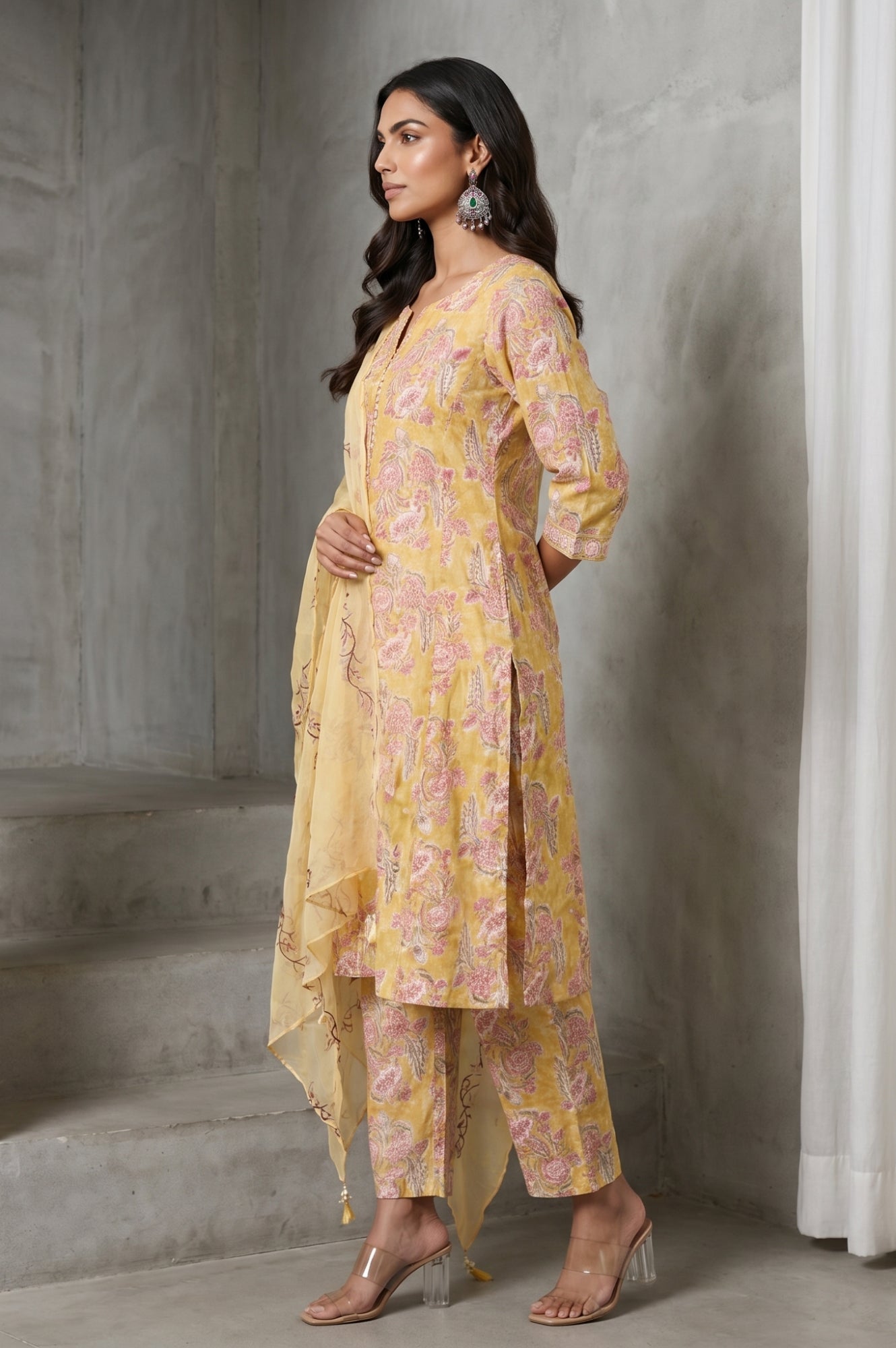 Mustard Block Printed Thread Embroidered Cotton Silk Straight Kurta with Pants and Dupatta Set