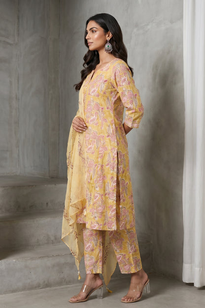 Mustard Block Printed Thread Embroidered Cotton Silk Straight Kurta with Pants and Dupatta Set
