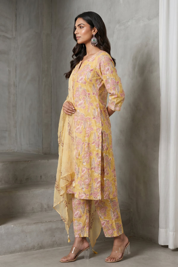 Mustard Block Printed Thread Embroidered Cotton Silk Straight Kurta with Pants and Dupatta Set