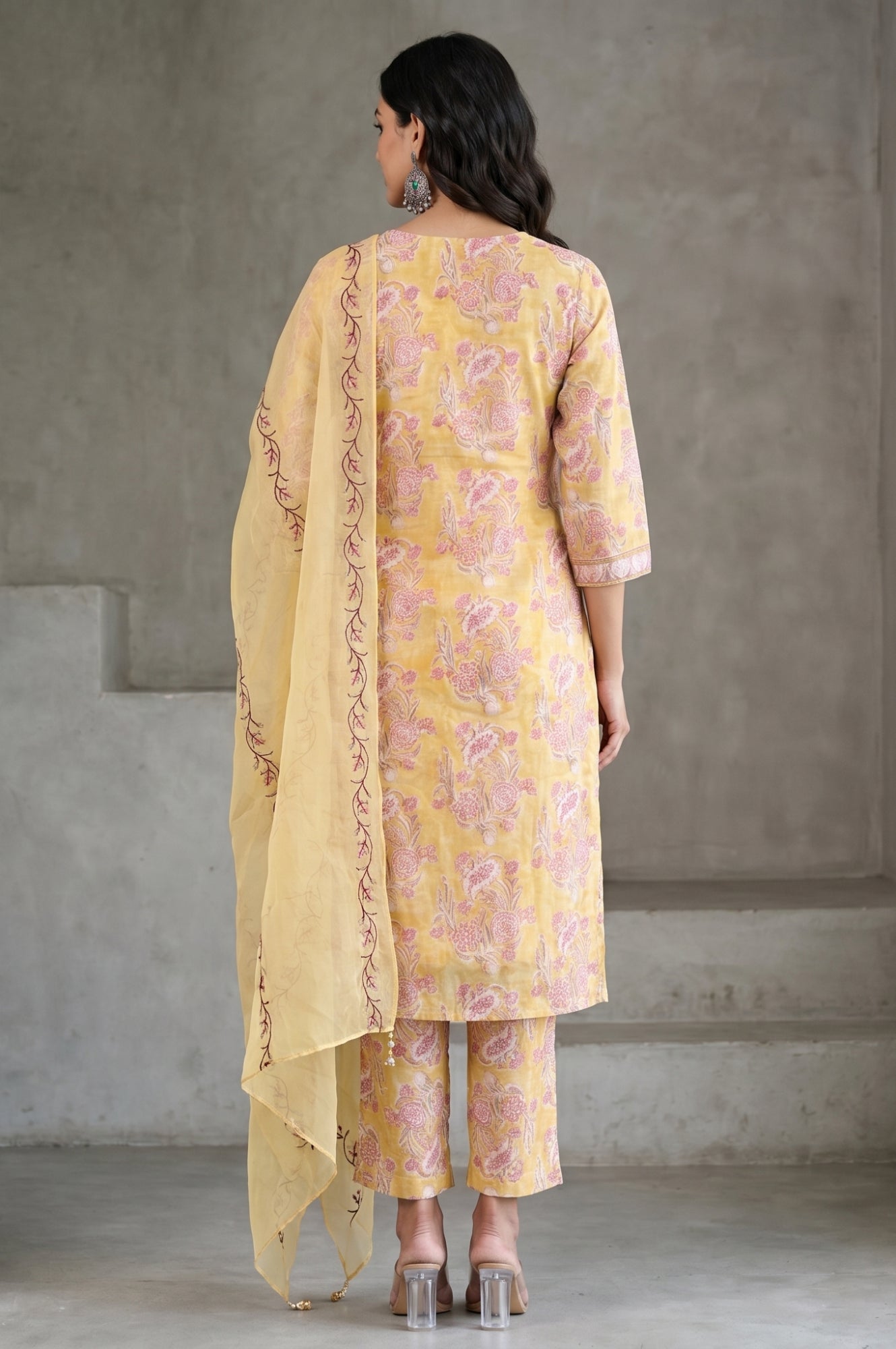 Mustard Block Printed Thread Embroidered Cotton Silk Straight Kurta with Pants and Dupatta Set