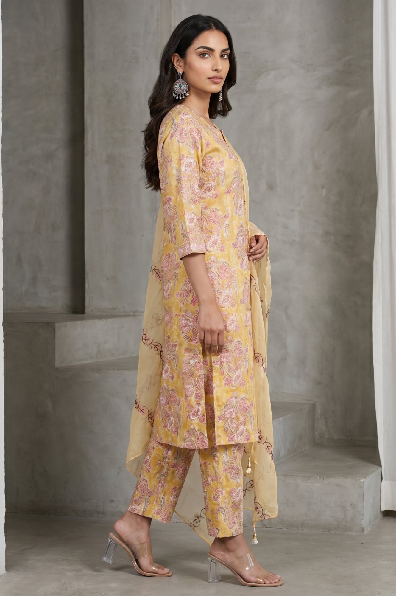 Mustard Block Printed Thread Embroidered Cotton Silk Straight Kurta with Pants and Dupatta Set