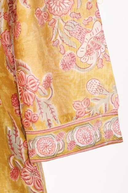 Mustard Block Printed Thread Embroidered Cotton Silk Straight Kurta with Pants and Dupatta Set