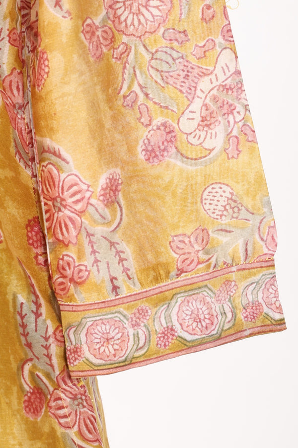 Mustard Block Printed Thread Embroidered Cotton Silk Straight Kurta with Pants and Dupatta Set