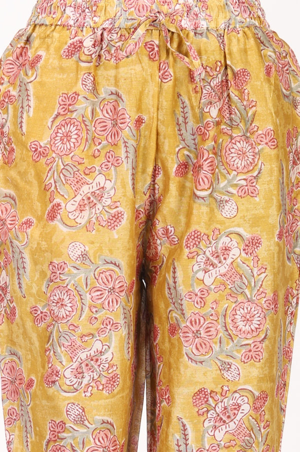 Mustard Block Printed Thread Embroidered Cotton Silk Straight Kurta with Pants and Dupatta Set