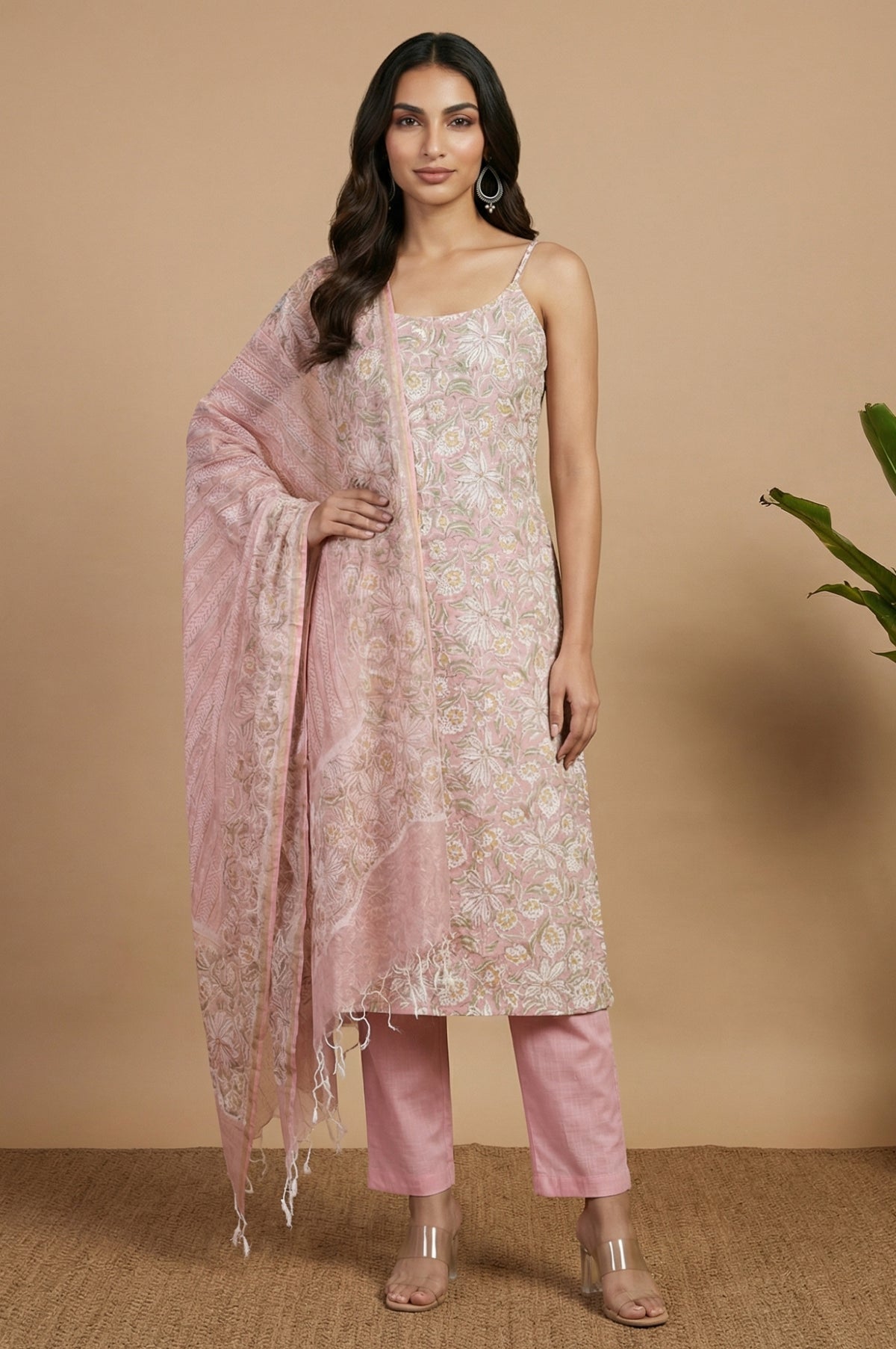 Pink Floral Printed Pure Cotton Spaghetti Strap Straight Kurta with Pants and Dupatta Set