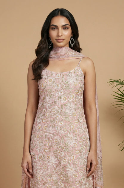 Pink Floral Printed Pure Cotton Spaghetti Strap Straight Kurta with Pants and Dupatta Set
